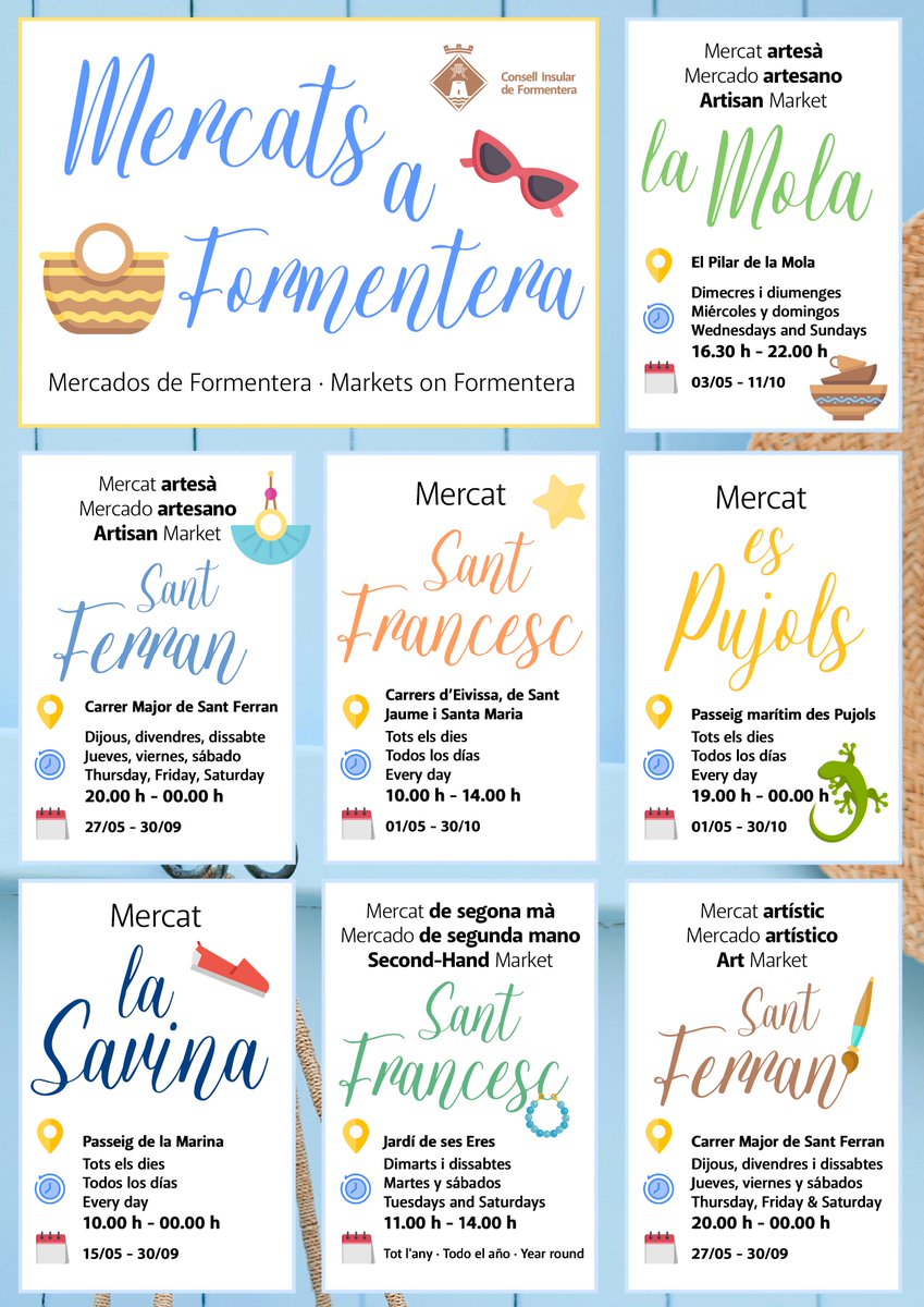 visitformentera's tweet photo. ¿Sabías que en Formentera hay 7 mercados?
No te vayas de la isla sin pisar alguno de ellos.

#mercadosartesanos #visitformentera #agendafomentera https://t.co/yjcpEl89DD