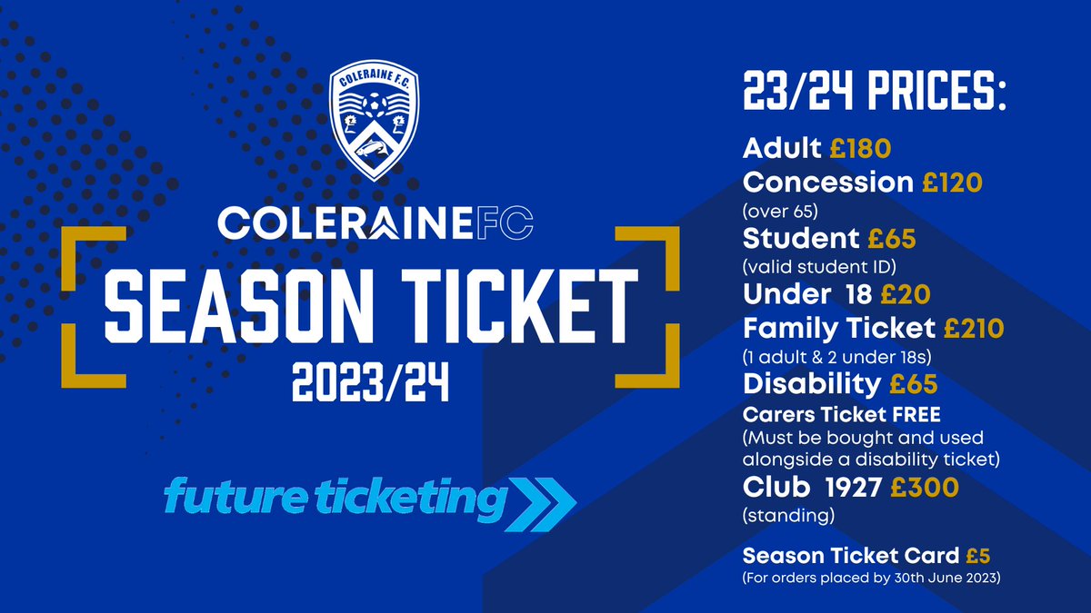 ColeraineFC's tweet image. 🔵 Linfield
🔵 Newry City
🔵 Crusaders

Our home games in the #SportsDirectPrem this month.

There is still time to buy a season ticket and be #InThatNumber for the rest of the season.

Get your season ticket now and help support the club ⤵️ #COTB

👉 colerainefc.com/ticketing/