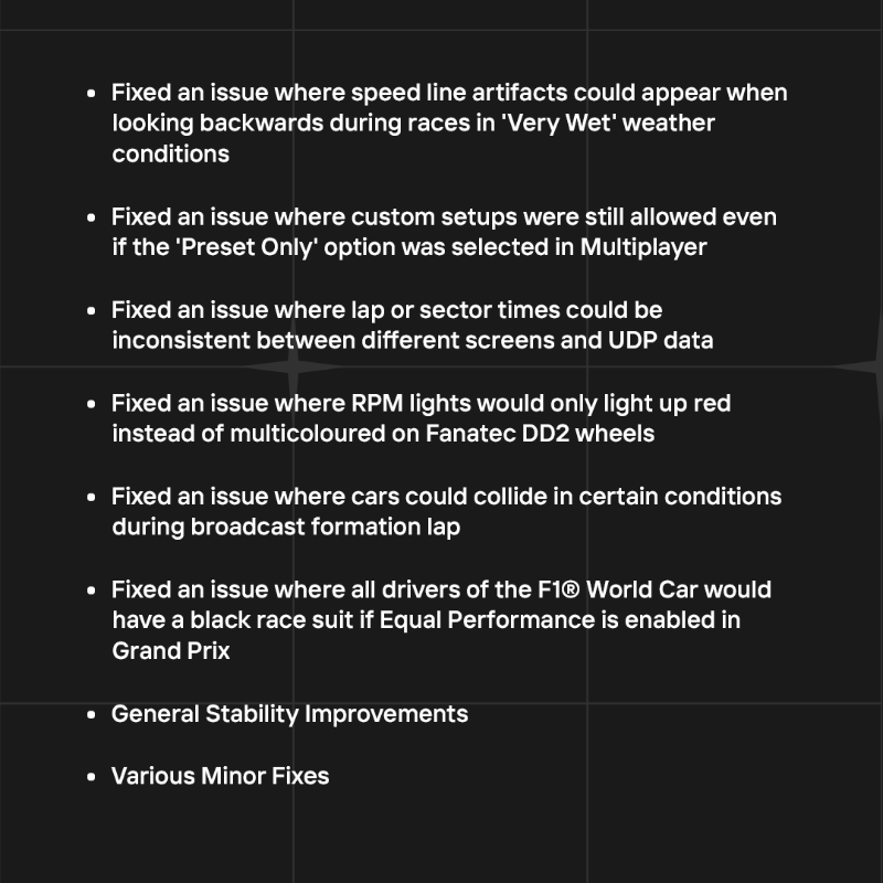 EASPORTSF1's tweet photo. The latest #F123 patch is rolling out now across all platforms 🛠

Here are the changes and additions going into this update, including the launch of #ProChallenge and the revised #SingaporeGP layout ⏩

For the full notes, click here 👉https://t.co/JnksbV2Jj2