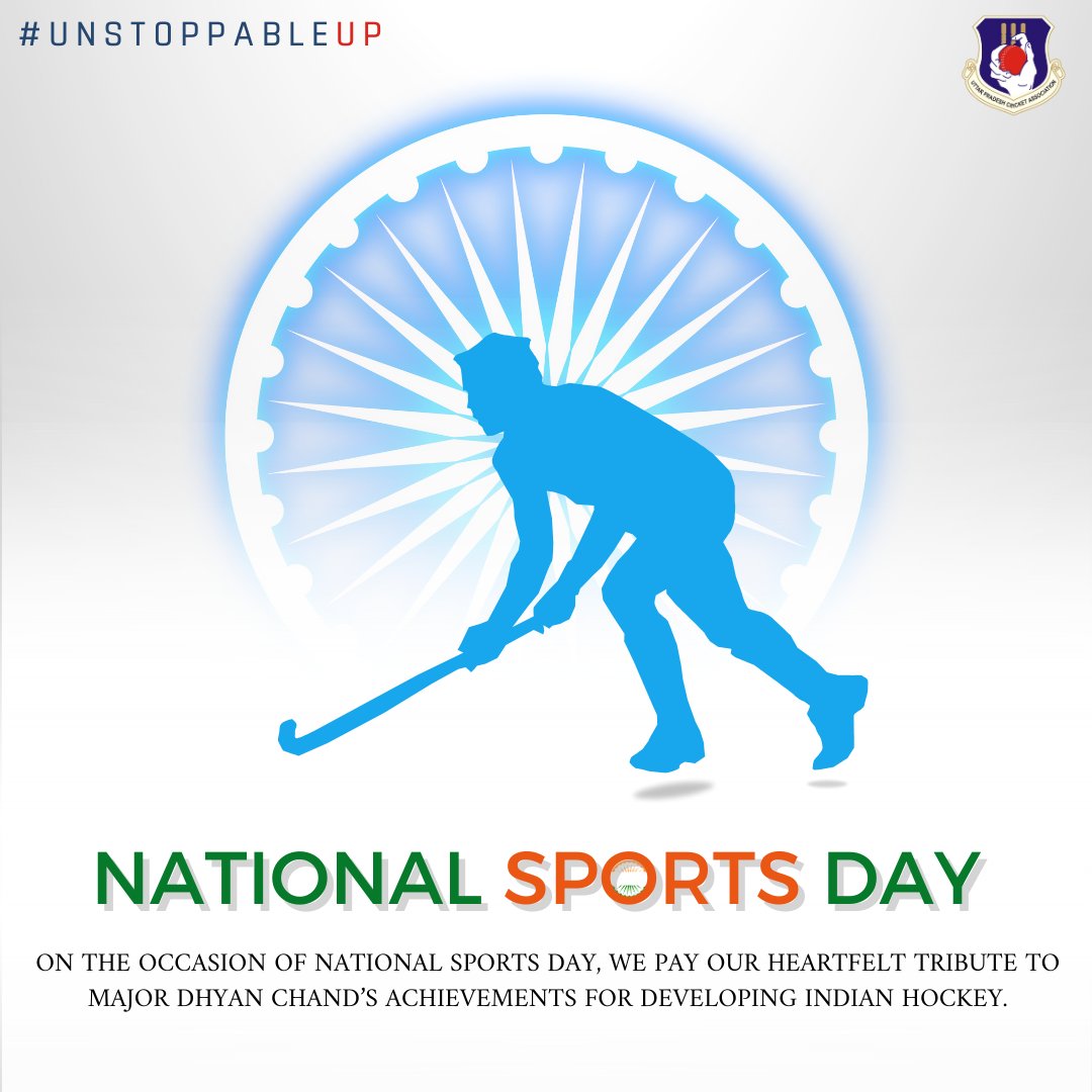 UPCACricket's tweet photo. On National Sports Day, #TeamUPCA salutes this unwavering enthusiasm and sends its warmest wishes. We also pay respect to Major Dhyan Chand, the greatest sports legend in Indian history.
#UnstoppableUP #NationalSportsDay https://t.co/KsofLaYmzA