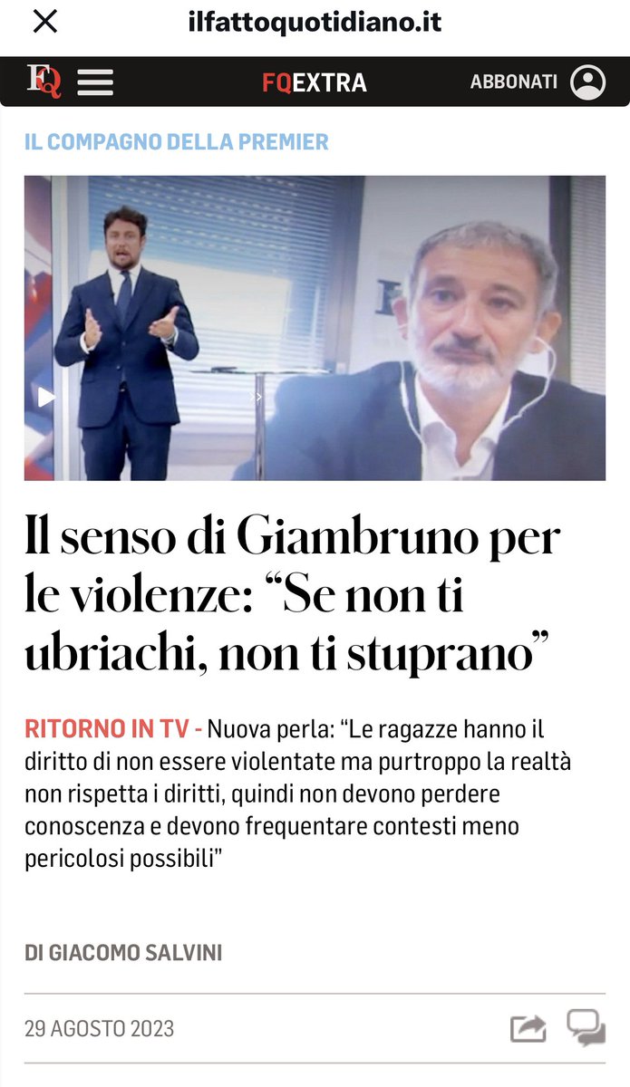Il salto logico di chi non si sofferma sul fatto che chi stupra stia commettendo reato e va subito a colpevolizzare la vittima perché beve o per come si veste o per dove si trova o perché è sola.

Il problema è lo stupratore, #Giambruno, non le vittime.

Ci arrivi?