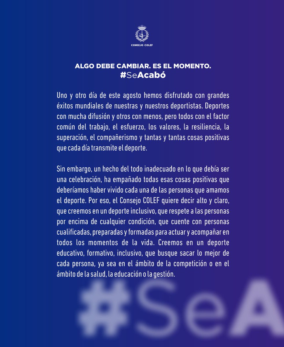 ConsejoCOLEF's tweet photo. 🟣 ALGO DEBE CAMBIAR. ES EL MOMENTO. #SeAcabó 🟣

🔹Teniendo en cuenta la prudencia y los tiempos de decisión que corresponden a una corporación de derecho público, es ahora cuando el Consejo COLEF se pronuncia.

🔗 https://t.co/UGTwe4iJ4k https://t.co/C5RA2lMKij