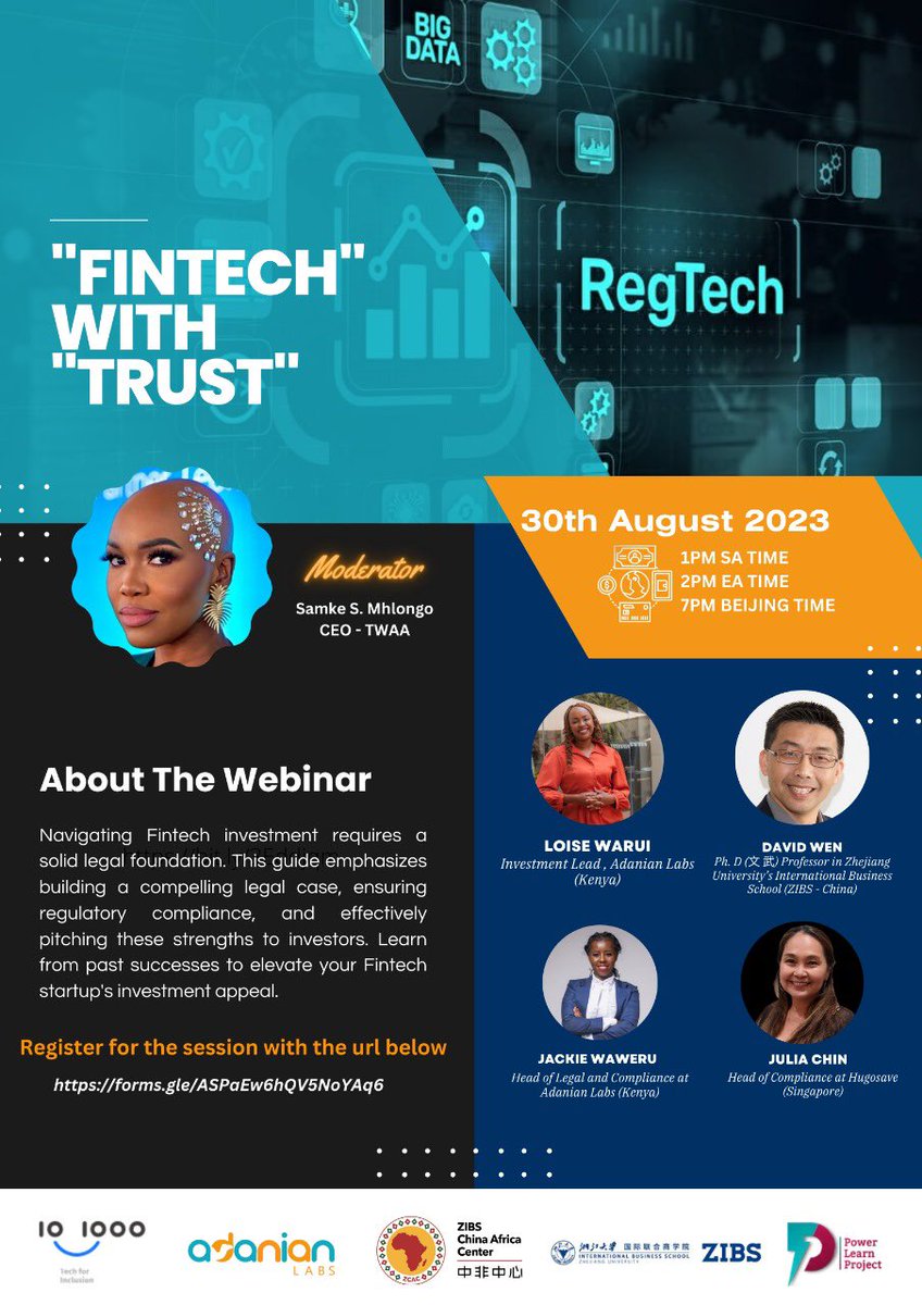 Join us for an enlightening webinar on 'Making Your Fintech Attractive and Investable!' 📆 Date: Wednesday August 30th, 2023 🕦 Time: 1:00 PM SA Time I 2:00 PM EA Time I 7:00 PM Beijing Time 🎤 Moderator: @iamsamkemhlongo -Co-founder & CEO at @TwaaCommunity