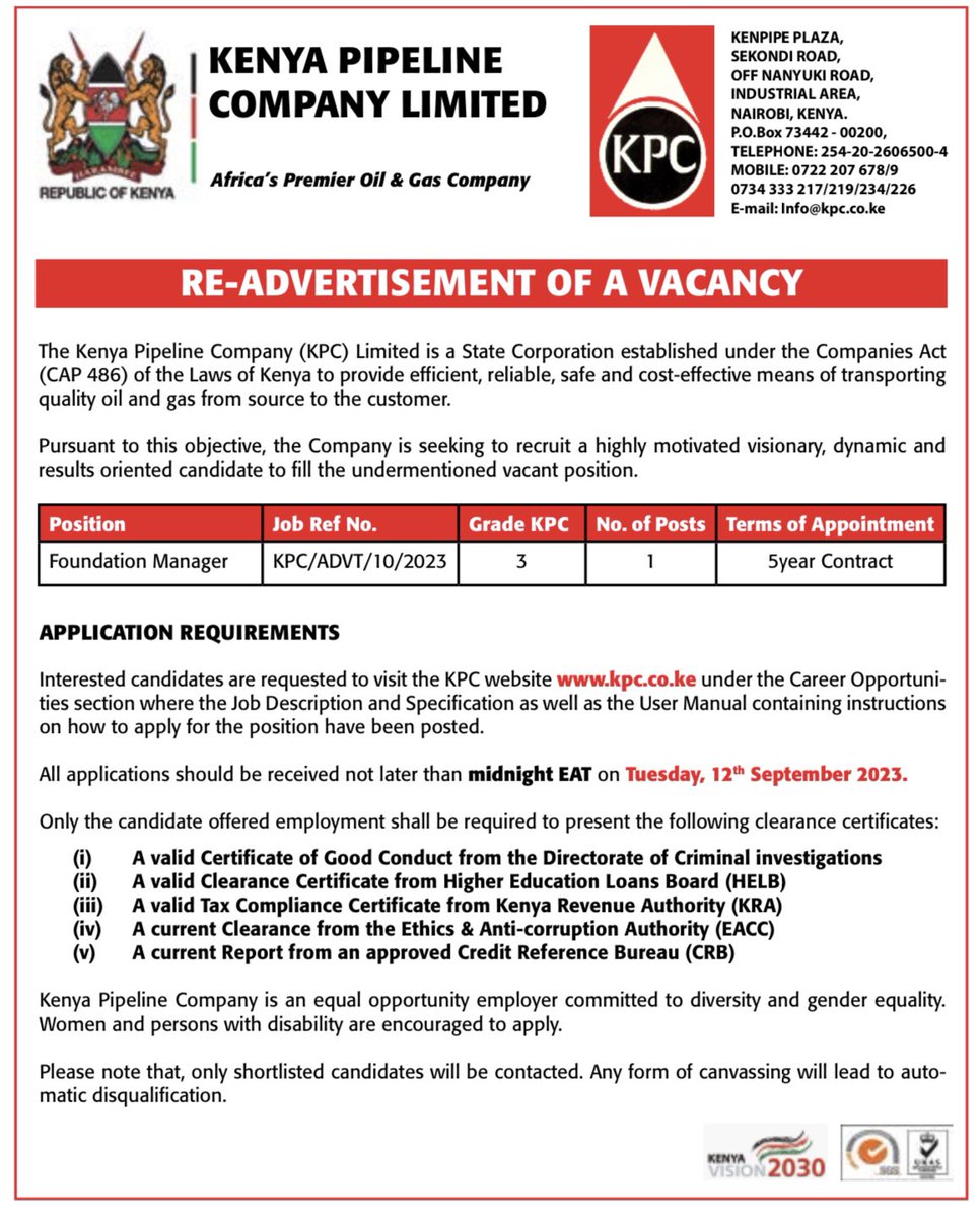 Career opportunities available <a href="/kenyapipeline/">KPC</a>.  Read more on kpc.co.ke/vacancies/
