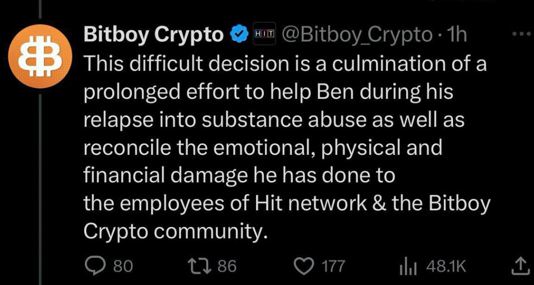 😁Youtuber "#Bitboy" Ben Armstrong has been fired from his company Bitboy #Crypto, citing financial loss and substance abuse.