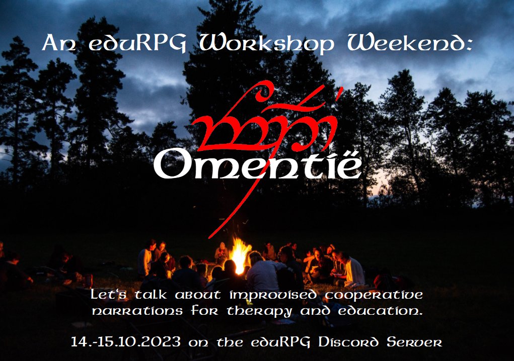 Hey, are you interested in using RPG in education and/or therapy? Would you like to meet people from all over the planet, to talk, learn, play, explore, invent? 

On the 14.-15. of October 2023 we will have a workshop weekend. Join us for Omentië.

cryptpad.fr/pad/#/2/pad/vi…
