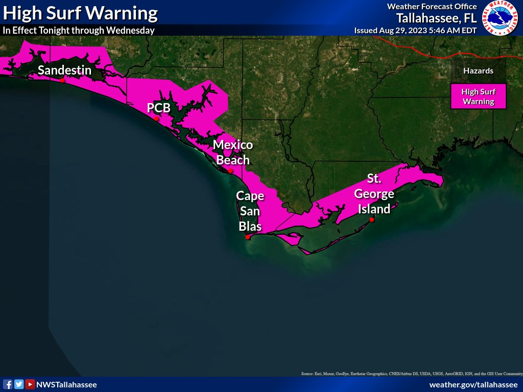 Along the beaches, even away from Idalia's direct impacts, there will be life-threatening rip currents and extremely dangerous surf. A High Surf Warning and High Rip Current Risk are in effect for all our beaches.