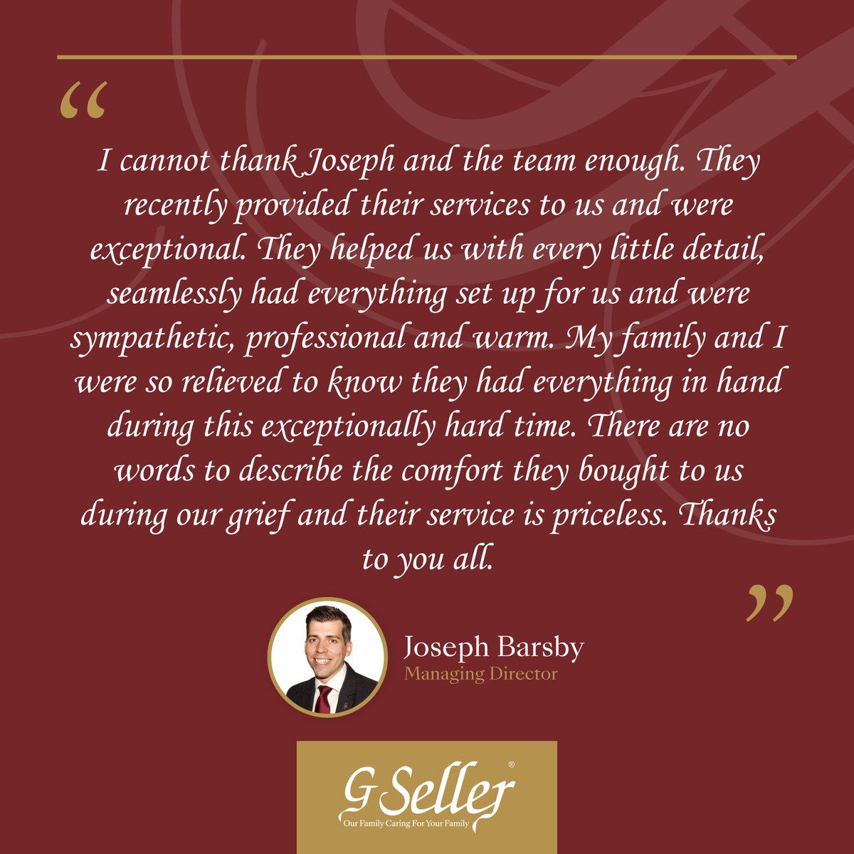 GSellerCo's tweet photo. These kind words for Joseph and our wider team are so appreciated. It is wonderful to know that we have been able to make such a hard time that little bit easier.

#funeralfeedback #feedback #teamfeedback #independentfuneraldirector #independentfuneraldirectors #positivefeedback https://t.co/UWuoJqIQPZ