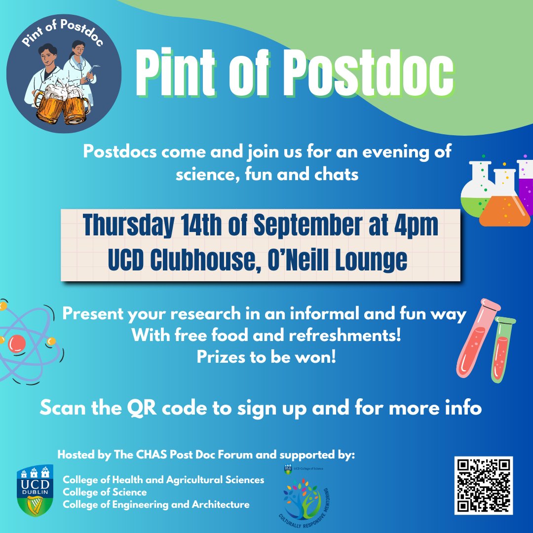 UCD College of Health & Agricultural Science (@ucd_chas) on Twitter photo Fancy a Pint of Postdoc?
<a href="/UCD_CHAS/">UCD College of Health & Agricultural Science</a>, <a href="/ucdscience/">UCD Science</a> and <a href="/UCDEngArch/">UCD College of Engineering & Architecture</a> invite postdocs/researchers to an evening of informal talks, networking and fun! Join us in the UCD Clubhouse, 14 th of September at 4pm! Info and registration forms.gle/m8Y7rZnLU9xoBC… Fancy a Pint of Postdoc?
<a href="/UCD_CHAS/">UCD College of Health & Agricultural Science</a>, <a href="/ucdscience/">UCD Science</a> and <a href="/UCDEngArch/">UCD College of Engineering & Architecture</a> invite postdocs/researchers to an evening of informal talks, networking and fun! Join us in the UCD Clubhouse, 14 th of September at 4pm! Info and registration forms.gle/m8Y7rZnLU9xoBC…