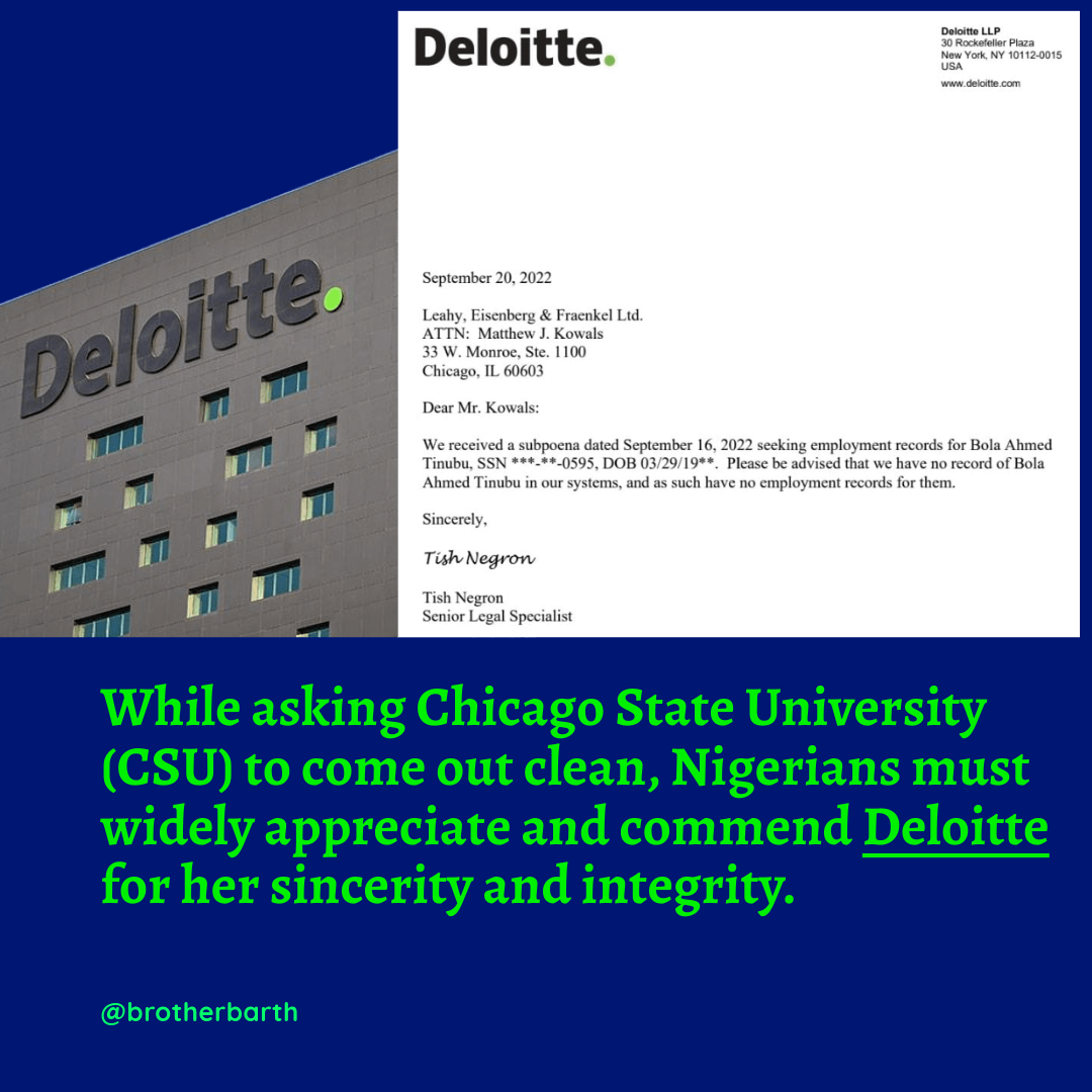 brotherbarth's tweet photo. APPRECIATION TO DELOITTE!

While asking Chicago State University (CSU) to come out clean, Nigerians must widely appreciate and commend Deloitte for her sincerity and integrity.
Thank you @DeloitteUS

#AllEyesOnTheJudiciary