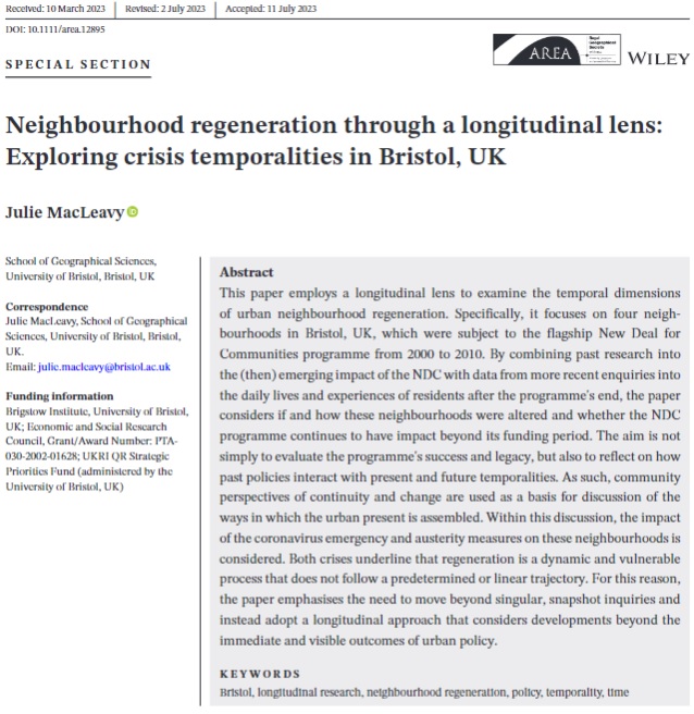 'Value lies in moving from singular and static inquiries to embracing a longitudinal perspective that considers temporal progressions beyond immediate and apparent results of urban policy' - @JMacLeavy (@GeogBristol) in recent #areajournal special section. orlo.uk/rgFQR