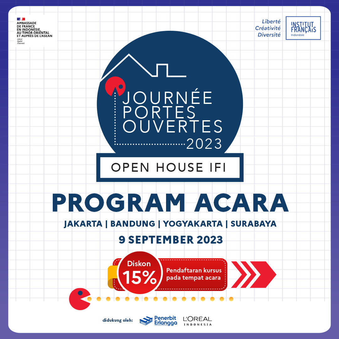 IFI_Indonesia's tweet photo. Untuk kalian yang tinggal di Jakarta, Bandung, Surabaya, dan Yogyakarta ini dia berbagai kegiatan #JourneePortesOuvertes atau #OpenHouseIFI 2023 yang bisa kalian ikuti di masing-masing kota! https://t.co/gdaGte24S4