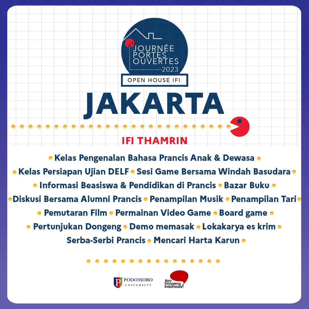 IFI_Indonesia's tweet photo. Untuk kalian yang tinggal di Jakarta, Bandung, Surabaya, dan Yogyakarta ini dia berbagai kegiatan #JourneePortesOuvertes atau #OpenHouseIFI 2023 yang bisa kalian ikuti di masing-masing kota! https://t.co/gdaGte24S4