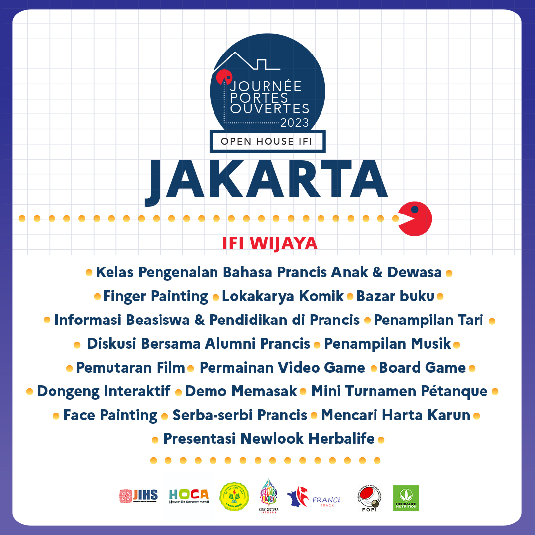 IFI_Indonesia's tweet photo. Untuk kalian yang tinggal di Jakarta, Bandung, Surabaya, dan Yogyakarta ini dia berbagai kegiatan #JourneePortesOuvertes atau #OpenHouseIFI 2023 yang bisa kalian ikuti di masing-masing kota! https://t.co/gdaGte24S4