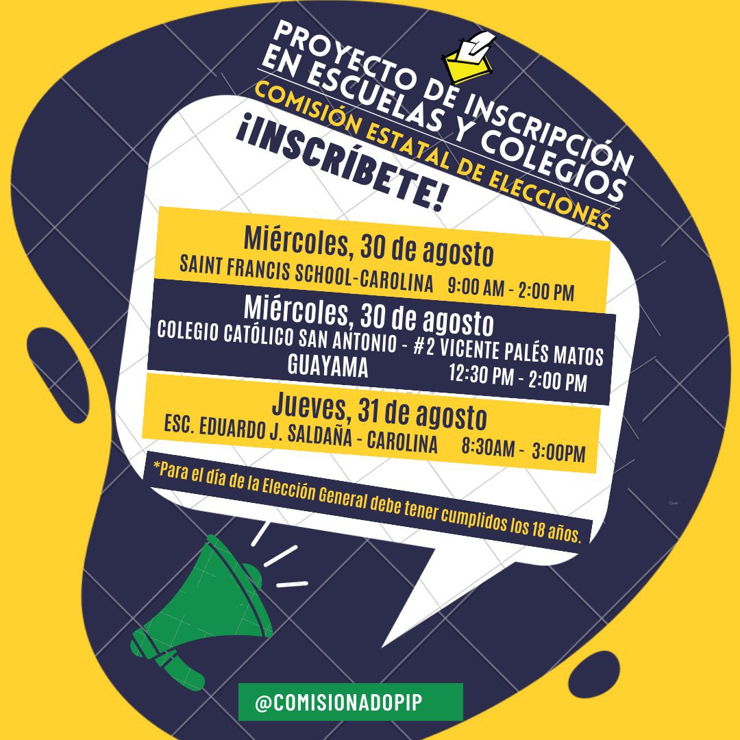 ¡Mañana y este jueves inscríbete!
@ComisionadoPIP 
#PatriaNueva
#AlianzaPR
#AccionesConcertadas