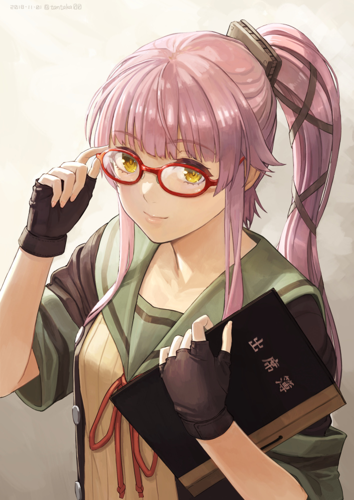 yura (kancolle) 1girl glasses solo long hair gloves pink hair black gloves  illustration images