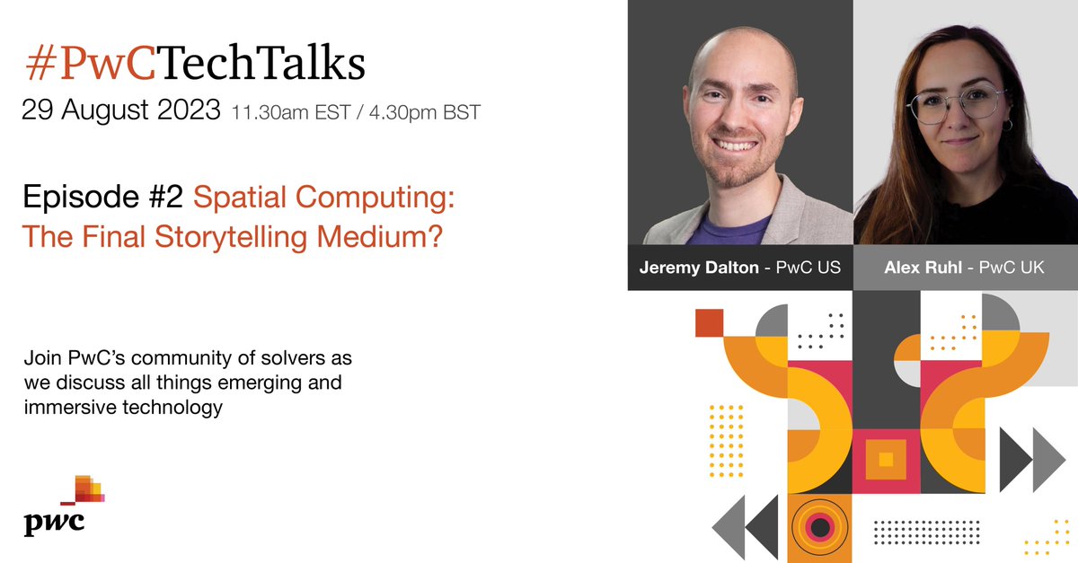 Explore the future of storytelling with @JeremyDaltonXR and @alexmakesvr as they discuss the evolution of storytelling, its relevance to businesses, and what we think may be the final stop. 📅 Tue, Aug 29, 2023 ⏱️ 11:30 AM EST | 4:30 PM BST Join us: pwc.to/TechTalk-2