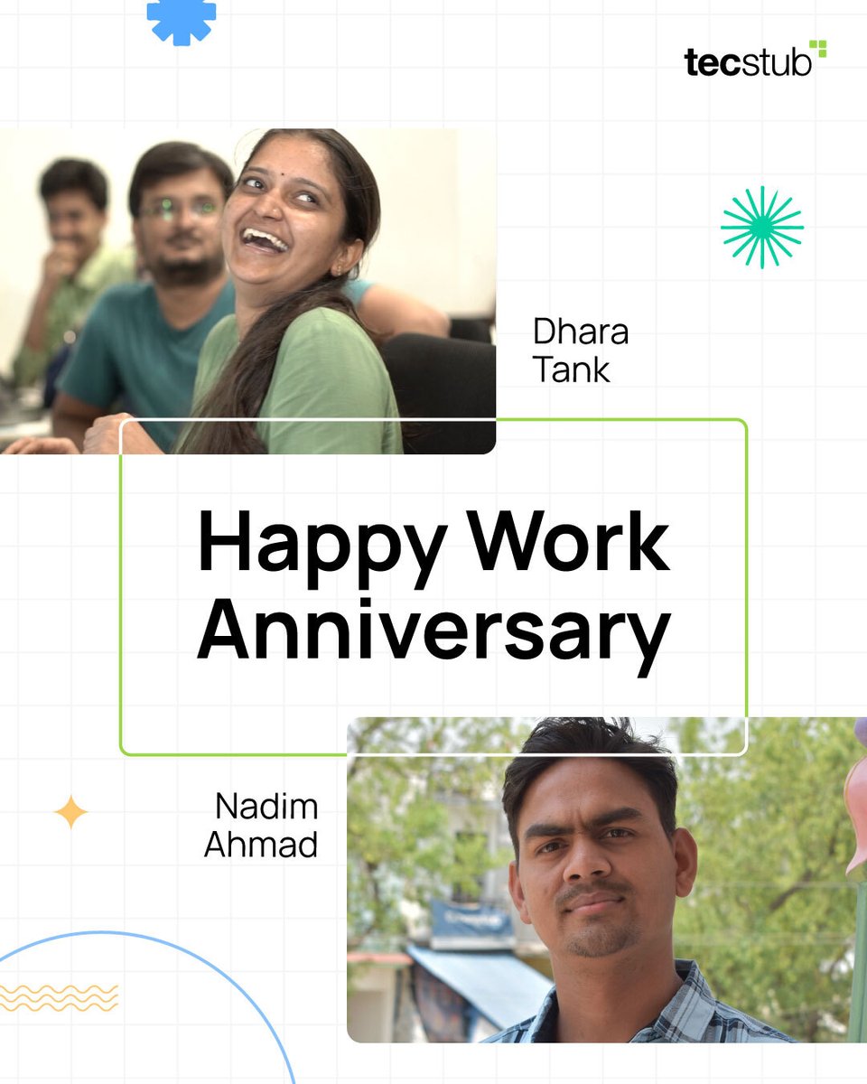 tecstub's tweet photo. 🎉Cheers to Dhara Tank and Nadim Ahmad on reaching another milestone at Tecstub!

Happy Work Anniversary !!🎂 https://t.co/cjDd1ut4fL
