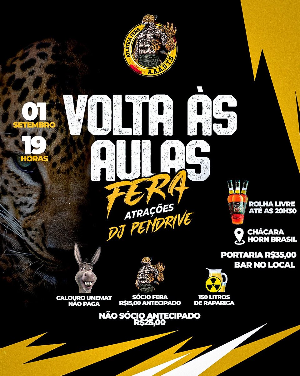Tudo que vai volta e sem dúvidas a Fera voltou! 🔥🐯 As aulas começaram e nada melhor do que iniciar o semestre com uma festa universitária feita pela MAIOR!! Se é para ter dor de cabeça que seja de ressaca!🍺🐯
Vem aí a Volta às Aulas Fera!! 🖤💛