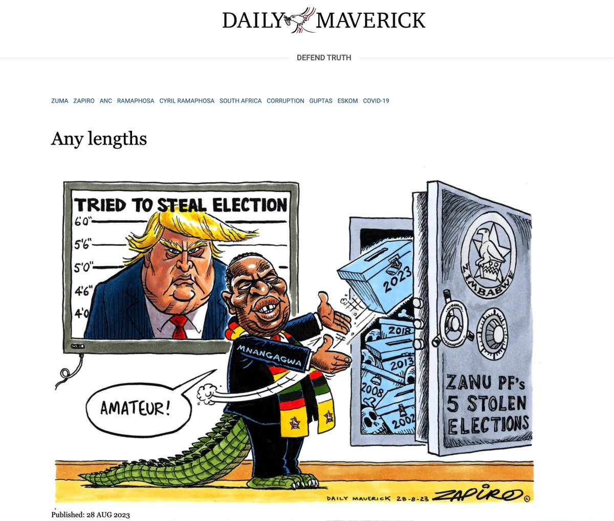 What are the rules of engagement in #Zimbabwe over editorial cartoons?  Could a cartoon like this see a cartoonist/publication in trouble? Is this allowed as #Freespeech? What might be the consequences? | #ZimbabweElections2023 #ZimElections2023 #USElections2020 #2020usaelection