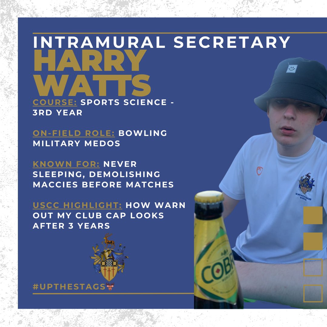uos_cricket's tweet image. MEET THE COMMITTEE 🏏 

First up we have our Intramural Secretary Harry Watts, who runs the non-cricket aspect of the club ⚽️ 

#upthestags🦌#fourfourtwo
