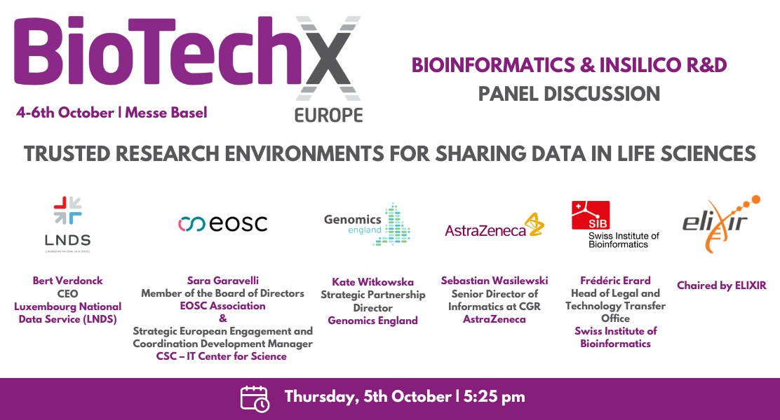 ELIXIREurope's tweet photo. ๐ This October, ELIXIR will hold a panel discussion on โ#TrustedResearchEnvironment for sharing data in #lifesciencesโ at @BioTechX_ in Basel, Switzerland๐จ๐ญ!
ELIXIR Node @ISBSIB will also have a booth at #biotechxeu!
More information: https://t.co/FFdwI6W7qF https://t.co/cifU9O4x9o