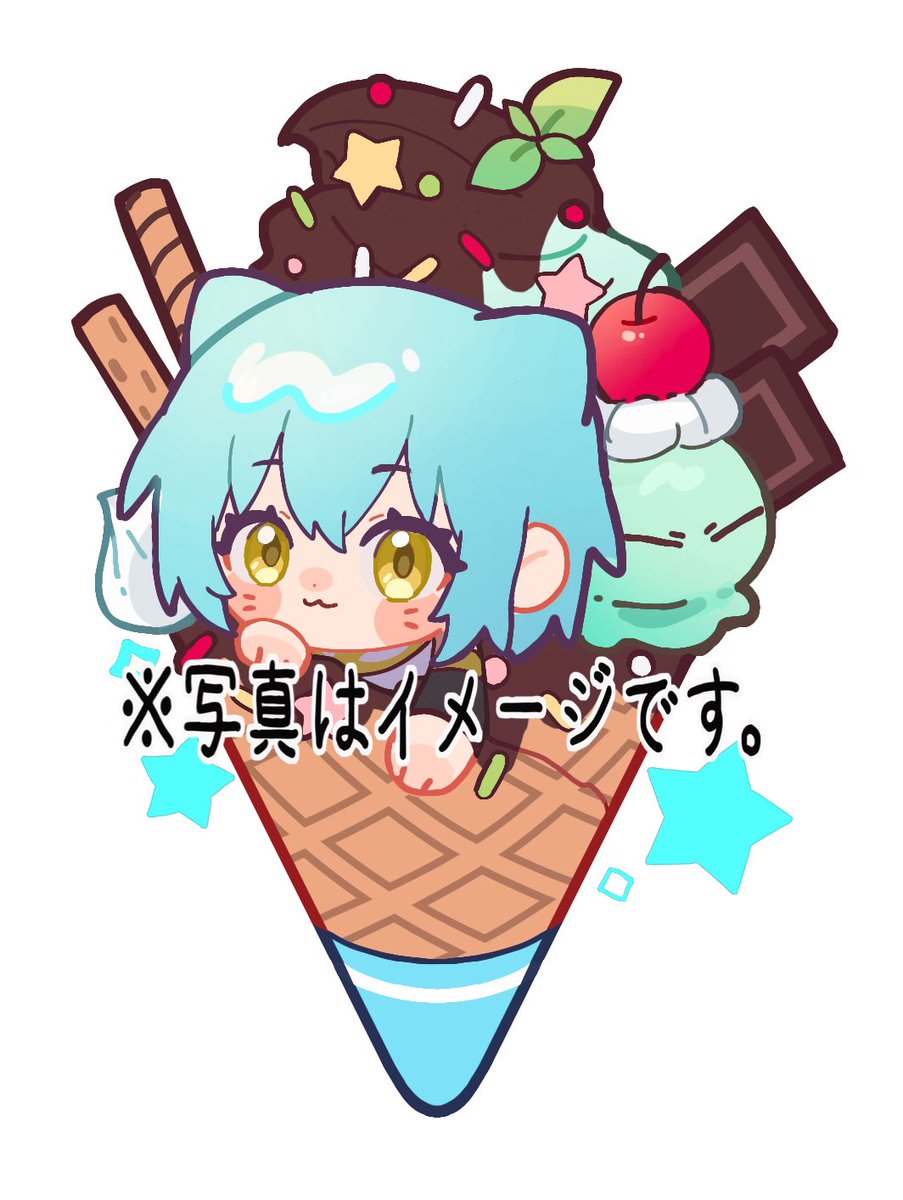 1girl ice cream food blue hair yellow eyes chibi :3  illustration images