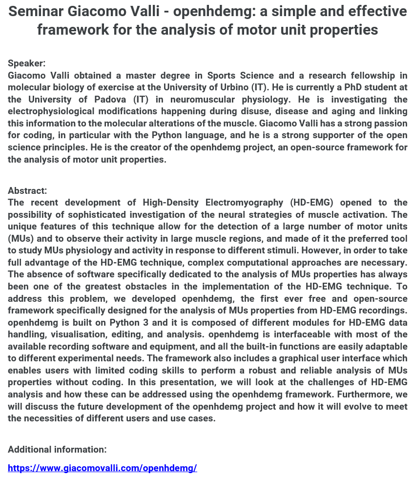 LIBM (@libm_lab) on Twitter photo 🚨 Lab Virtual Seminar
We are organizing a virtual seminar on HD-EMG analysis (<a href="/giacomo_valli/">Giacomo Valli</a>) scheduled for Tuesday, September 19 at 12:00. The presentation is open to everyone interested. Do not hesitate to share.
👉ujmstetienne.webex.com/ujmstetienne/j…
For more information👇👀 🚨 Lab Virtual Seminar
We are organizing a virtual seminar on HD-EMG analysis (<a href="/giacomo_valli/">Giacomo Valli</a>) scheduled for Tuesday, September 19 at 12:00. The presentation is open to everyone interested. Do not hesitate to share.
👉ujmstetienne.webex.com/ujmstetienne/j…
For more information👇👀