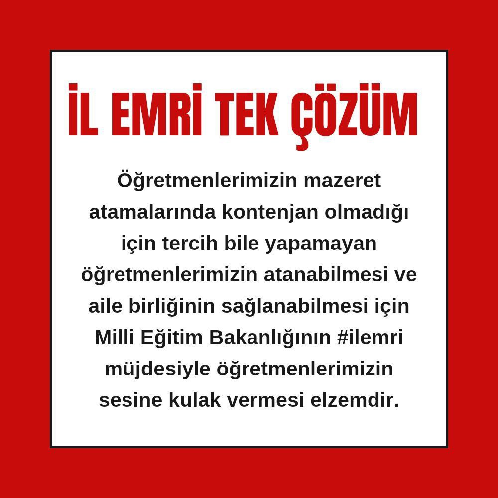 Mazeret grubu öğretmenleri mağdur edilmemelidir. Çünkü mazeret keyfi değil zaruridir. Aile birliğimiz in sağlanmasının tek yolu İL EMRİdir.

#ilEmriTekYol

<a href="/RTErdogan/">Recep Tayyip Erdoğan</a> 
<a href="/Yusuf__Tekin/">Yusuf Tekin</a> 
<a href="/EmineErdogan/">Emine Erdoğan</a> 
<a href="/cftcblnt/">Bülent ÇİFTCİ</a> 
<a href="/dbdevletbahceli/">Devlet Bahçeli</a>