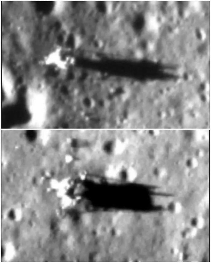 Снимки мест посадки миссий Мытищи -11 и Мытищи -12, снятые индийским аппаратом Чандраян -2. Видны посадочные платформы модулей оставшиеся на поверхности Луны