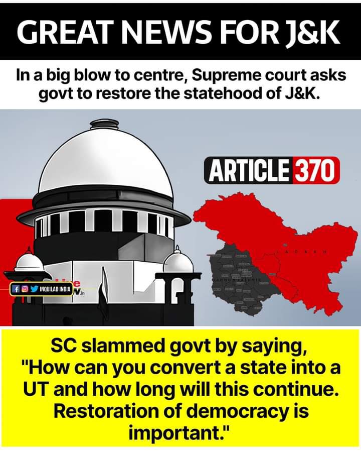 Supreme Court roasted Union govt of India to restore statehood in jammu and kashmir 👏👏

#Article370 #MCStan #ImranKhan #தாயுமானவன்_சீமான் #NotRamaiyaVastvaiya #AdityaL1 #RishtonKiGrooming #HeroKarizmaXMR #GreatSleepGreatHealth #SupremeCourt #Article35A #INDvPAK 
#AamirKhan