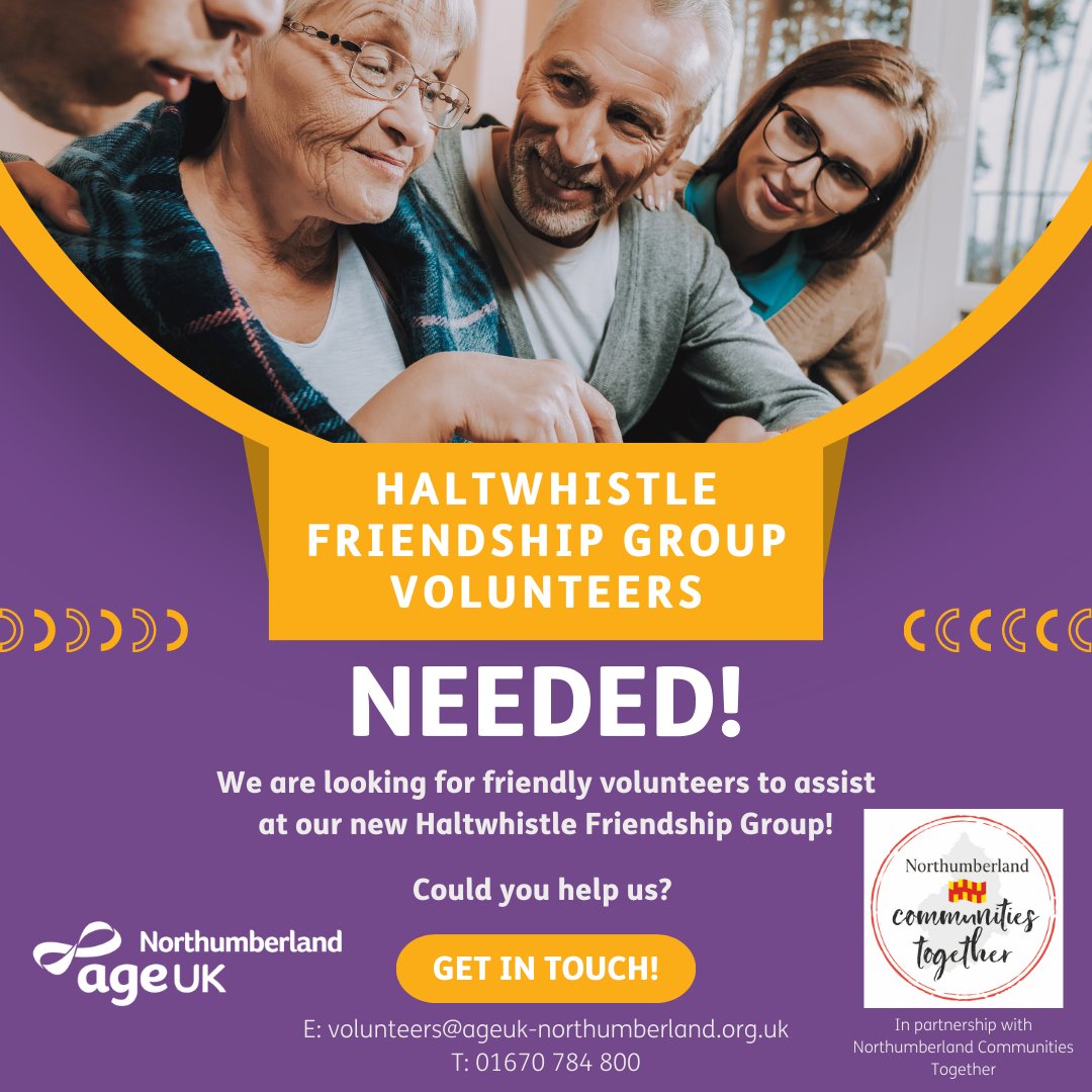 AgeUKNorthumber's tweet photo. We have a great opportunity for a lovely volunteer to help assist at our new #Haltwhistle Friendship Group, which we will be launching in October!

If you are interested, please do get in touch with us 😊 #volunteers #volunteeropportunities #northumberland #ageuk #friendship https://t.co/oxsJepNc0i