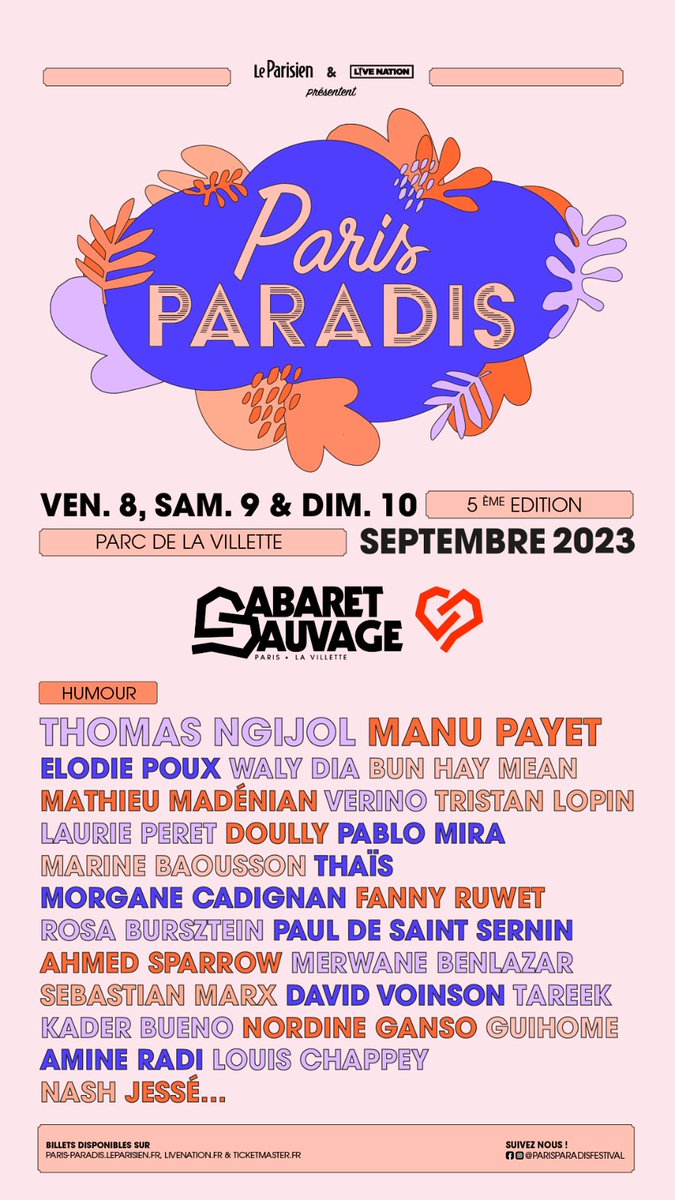 Mesdames et messieurs, voici (une partie de) la programmation humour de Paris Paradis, le festival des coups de cœur du Parisien. Du 8 au 10 septembre. Lien vers billetterie : ticketmaster.fr/fr/liste/paris…