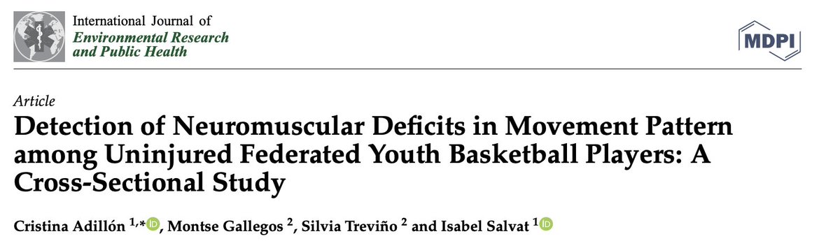 ⛹️‍♀️⛹️DÉFICITS NEUROMUSCULARES EN JUGADORES/AS DE BALONCESTO de formación🏀

🚩Inestabilidad de tobillo monopodal
🚩Valgo dinámico de rodilla
🚩Inestabilidad lumbopélvica
🚩Inestabilidad postural
🚩Déficits en la técnica de salto/aterrizaje

pubmed.ncbi.nlm.nih.gov/35409759/