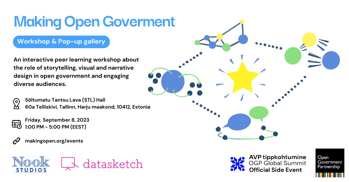 Join us for our #OGPSummit Making Open Government Design and Storytelling Workshop Friday 8 Sept 1pm - 5pm. 

Won’t be there? You can still participate! Submit a creative advocacy project you’d like to share for our pop up and online gallery. Register tinyurl.com/54j86x2r