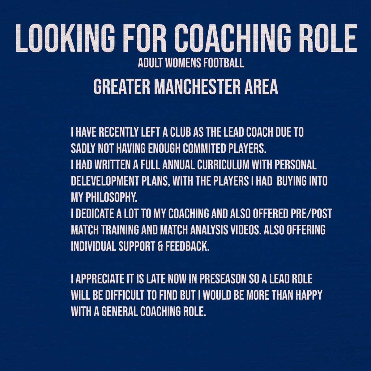 nickjtraynor's tweet photo. I am looking for a coaching role in women's football within the Greater Manchester area. 

Shares appreciated. 

@WoSoRecruitment 
@GMWFL2011 https://t.co/9VFGjFrAZg