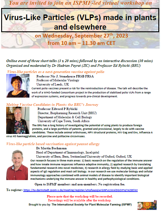 📢 The next ISPMF online workshop is coming soon! Great speakers lined up for "Virus-Like Particles (VLPs) made in plants and elsewhere" 
Register here for free: tu-darmstadt.zoom-x.de/meeting/regist…