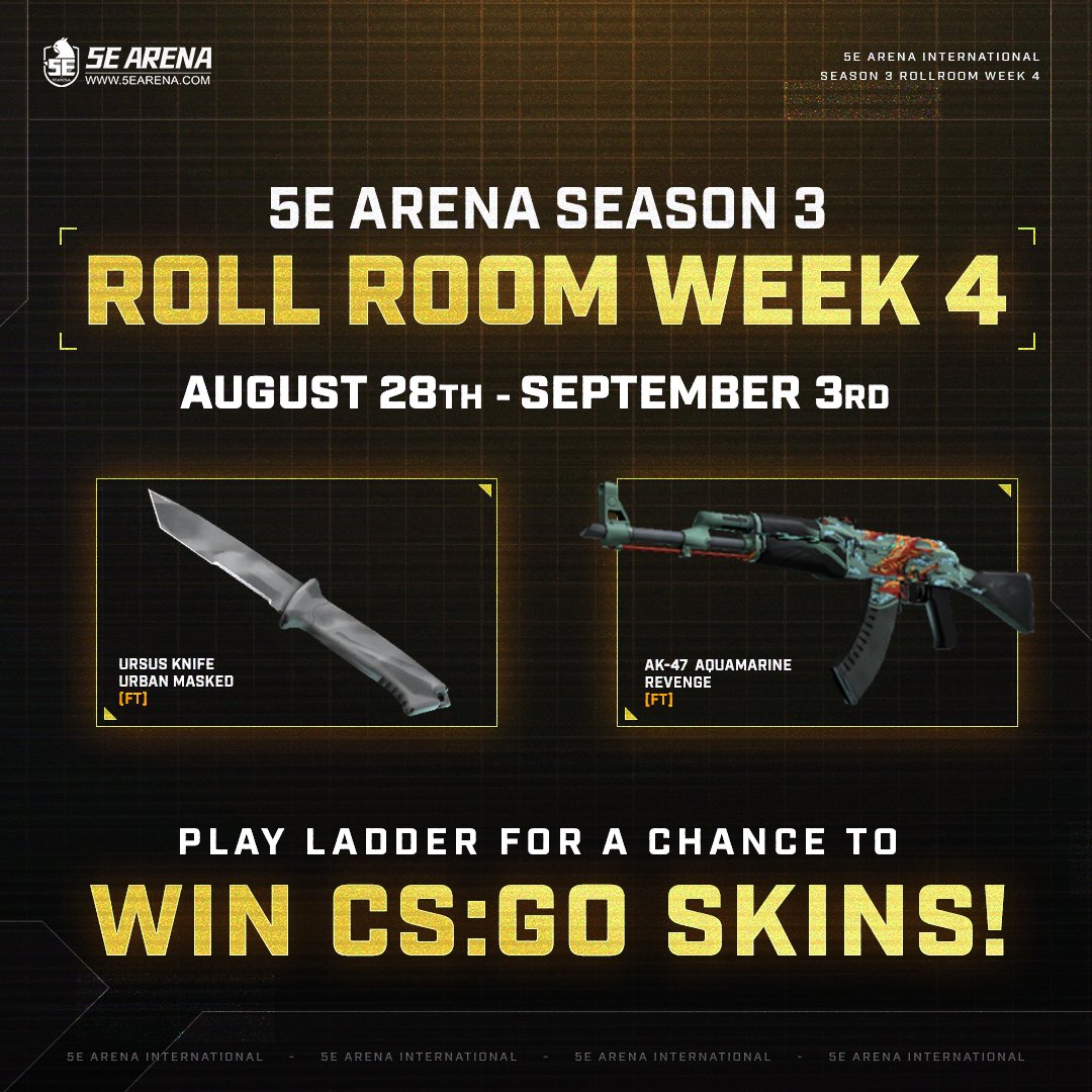 Rollroom returns! Prepare yourselves for another electrifying challenge to win amazing prizes. 

From August 28th to September 3rd, players who meet the requirements will be eligible to participate and claim their prizes. 

#csgo #csgoskins #csgogiveaway #5earena