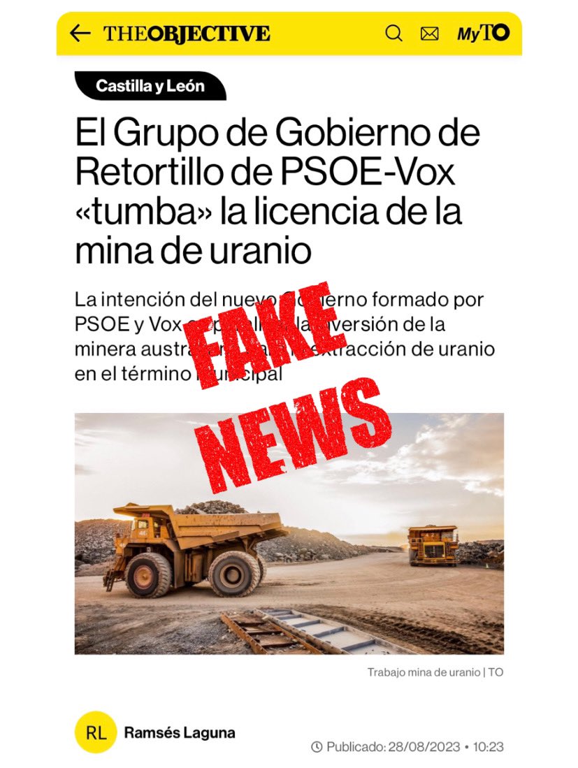 vox_es's tweet photo. ‼️⚠️ Alerta por #FakeNews 

1️⃣ VOX no gobierna con el PSOE en Retortillo (Salamanca), es falso. El 28M, de los 5 concejales, VOX sacó 1 y el PSOE 4, por lo que somos la oposición.

2️⃣ En 2021, el Ministerio de Transición Ecológica denegó el permiso a la empresa (Berkley España) para explotar la mina de uranio: https://t.co/lUfxX6cq5W 

3️⃣ Lo que el ayuntamiento de Retortillo ha hecho en pleno es certificar que todas las licencias municipales de explotación, que evidentemente están sujetas al permiso a nivel nacional, decaen ante la inadmisión de la autorización de explotación.

En definitiva, es el Gobierno de Pedro Sánchez el que ha parado la explotación de la mina.

⬇️ HILO ⬇️