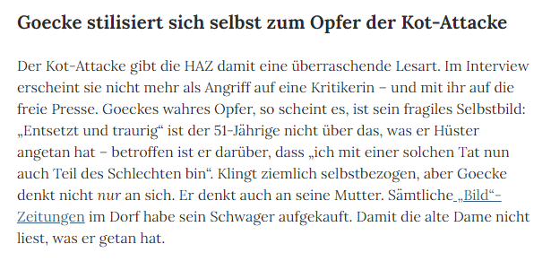 Die <a href="/ZeitungHaz/">Hannoversche Allgemeine Zeitung / HAZ</a> interviewt Marco #Goecke zu seiner Kotattacke auf <a href="/WHuester/">Wiebke Kaube</a> und spricht mit ihm: Über ihn selbst. Über seine Mutter. Über seinen Dackel Gustav. Aber nicht über Wiebke Hüster. Eine Würdigung der bemerkenswerten Berichterstattung:  noz.de/artikel/453995…