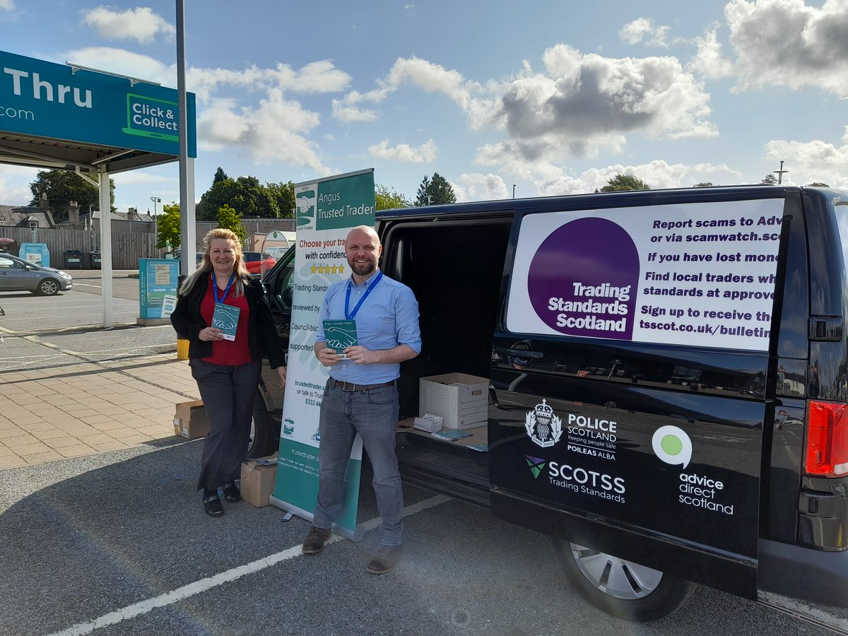 Look out for us this week as the Trading Standards Team travel across Angus to help raise awareness of the Angus Trusted Trader Scheme:

Tuesday
Forfar Asda 
Kirriemuir Co-op 

Wednesday
Arbroath Asda 
Monifieth Tesco 

Thursday
Montrose Home Bargains 
Brechin Castle Centre