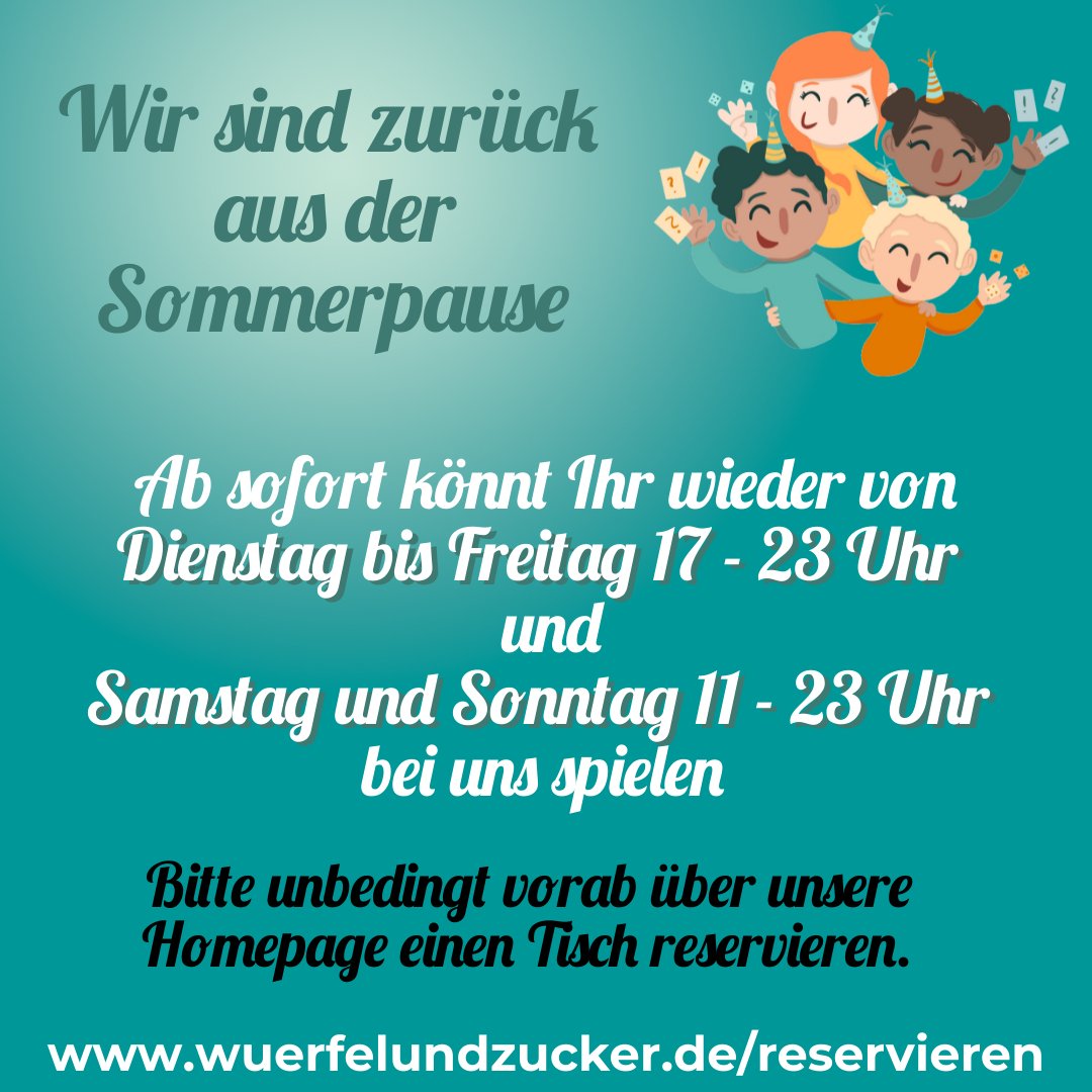 Wir sind wieder da und freuen uns auf Euren Besuch. 

#WürfelUndZucker #Brettspielcafé