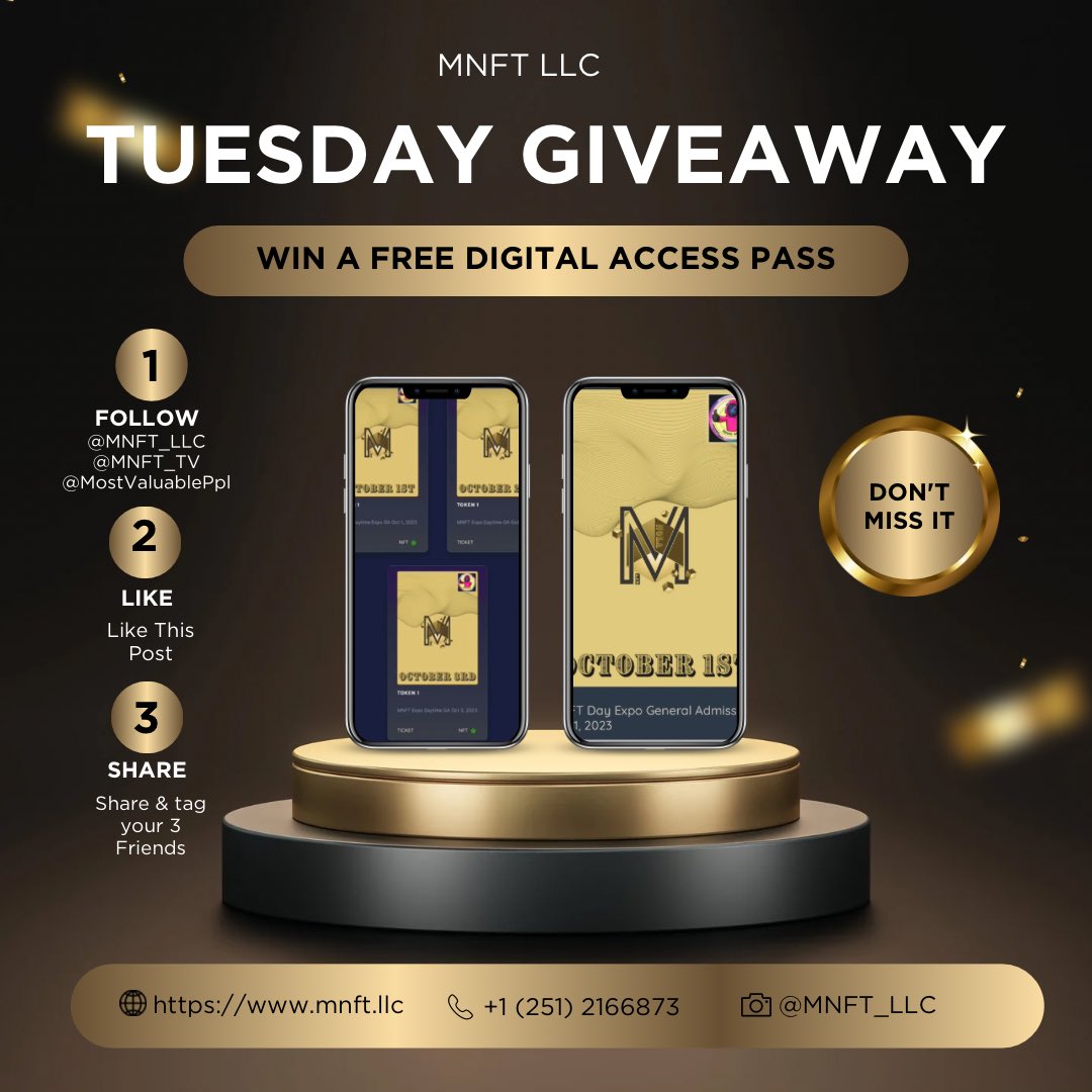 MNFT_LLC's tweet photo. 🎉 Tech Tuesday Giveaway! 🎉

Gear up for a digital adventure! This Tech Tuesday, we're giving away 1 DIGITAL ACCESS PASS to the MNFT NOLA Digital Economy Expo! 

To Enter:
1. Follow @MNFT_LLC, @MNFT_TV & @MostValuablePpl
2. Like this post
3. Share and tag 3 friends 

📅 Tuesday Deadline: 29th August, 11:00 PM EST
🏆 Winner announcement shortly after.

#MNFT #TechTuesday #Giveaway