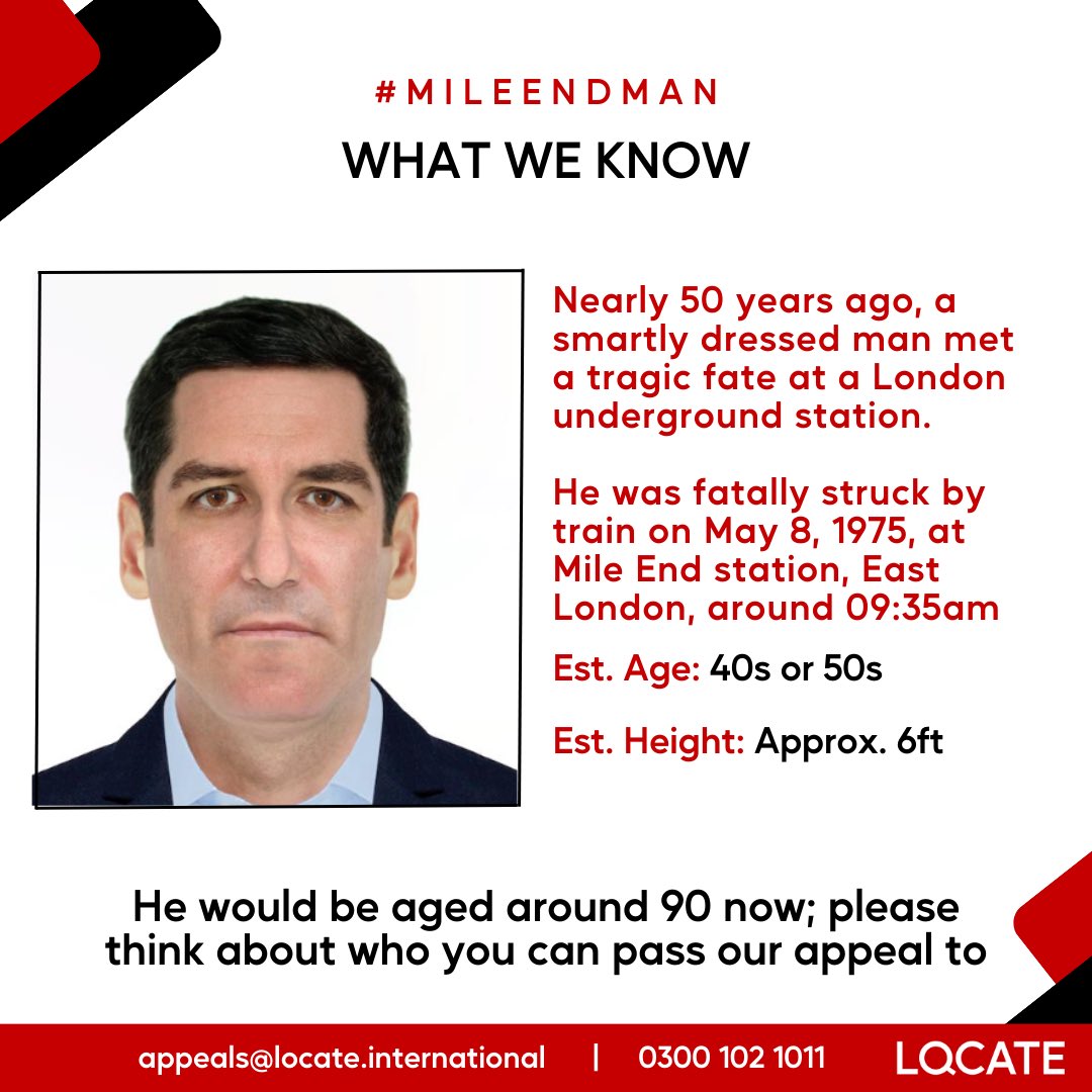 LocateCIO's tweet photo. Help us identify 'Mile End Man' - a well-dressed mystery who tragically lost his life at a London Underground station in 1975. He had a Rolex watch, a pen embossed with PTL Motors &amp; a Ronson Varaflame lighter. Time's running out for answers. Please share https://t.co/UFltABjlUB https://t.co/1kmyGFirWX