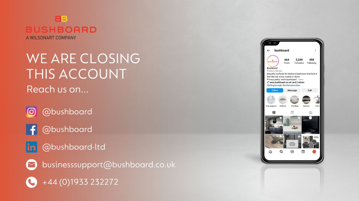 We are closing our twitter page in 2 weeks time ‼️ But don't worry you can still connect with us here: Instagram: @bushboard Facebook: @bushboard Linkedin: @bushboard-ltd ✉️: businesssupport@bushboard.co.uk ☎️: +44 (0)1933 232272