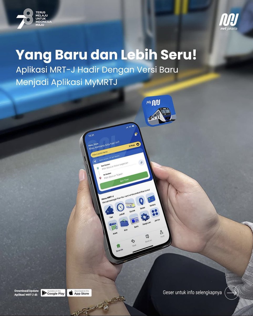 mrtjakarta's tweet photo. Aplikasi MRT-J kini hadir dalam versi baru menjadi aplikasi MyMRTJ! Aplikasi MyMRTJ kini hadir dengan tampilan baru yang lebih menarik dan mudah digunakan untuk kamu pengguna setia MRT Jakarta.

Gak cuma untuk pembelian dan mendapatkan promo tiket, cek jadwal dan mendapatkan informasi terkini MRT Jakarta.

Berbagai fitur baru juga dapat kamu nikmati untuk dapat memenuhi gaya hidup dan mobilitasmu sehari- hari dengan adanya fitur:
📍Info dan promo layanan feeder dari dan menuju stasiun
📍Promo gaya hidup dari beragam tenant di stasiun
📍MRT dan mall, gym, bioskop, co-living, restoran, UMKM di sekitar stasiun
📍Info event, wisata dan hunian terjangkau di dekat stasiun
📍Marti Poin: kumpulkan loyalty point dari setiap perjalanan yang dapat ditukar dengan berbagai rewards
📍Marti Entertainment on Board: nikmati perjalanan anti bosen dengan pilihan live TV & film, berita, musik selama perjalanan
📍Marti Games: nikmati Marti Games berhadiah yang dapat diikuti secara gratis

Segera update aplikasi MRT-J ke versi aplikasi MyMRTJ melalui Google Play Store dan Apple App Store sekarang!

#MRTJakarta
#UbahJakarta
#MyMRTJ
#TemanAsikBertransportasi