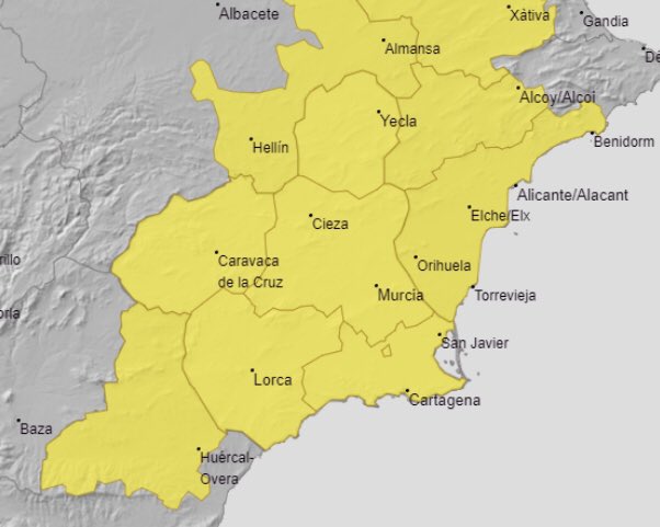 La <a href="/AEMET_Murcia/">AEMET_Murcia</a> emite aviso de fenómenos meteorológicos adversos de nivel amarillo para toda la Región para mañana miércoles.

🌧️Lluvia hasta 15 litros por metro cuadrado en una hora

⚡️Tormentas
