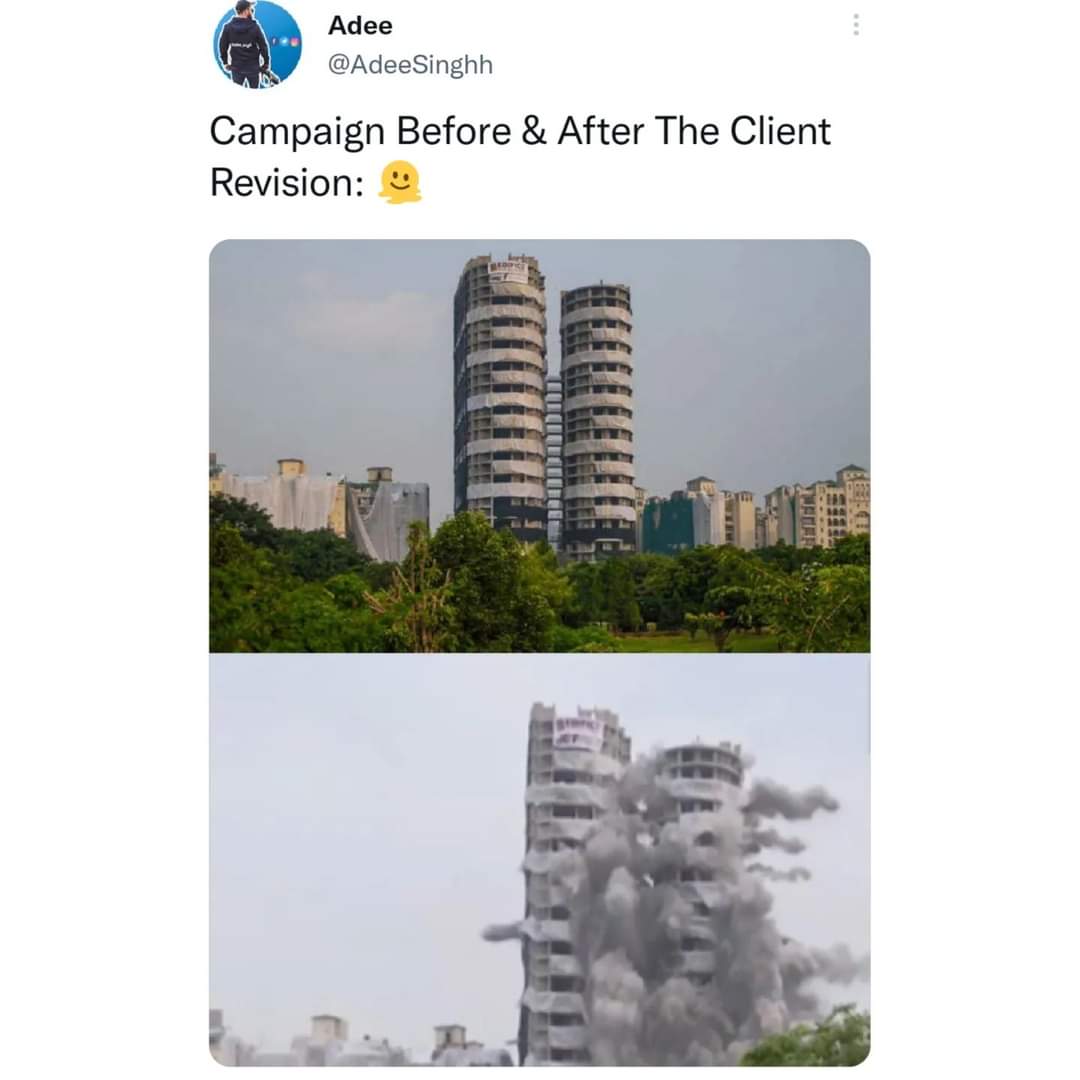 AdeeSinghh's tweet photo. 1 year since the #Noida Twin Towers got blown to the ground! And here's my #MomentMarketing take on that incident from back then! 😂🫣

#smm #socialmediacontent #contentmarketing https://t.co/ciH95d5Kks