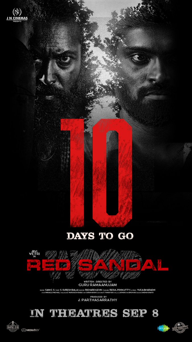 JnCinemas's tweet photo. An emotional crime story will unleash in 10 days
▶️ https://t.co/MTSRwgtz5S

#RedSandalWood in theatres from Sept 8th. Music by @SamCSmusic 

@act_vetri @guru_ramanujam @DiyaaMayurikha @GarudaRaam @kabalivishwanth @talk2ganesh @resulp @ARichardkevin  @saregamasouth @ProBhuvan https://t.co/aNeaHe0pDf
