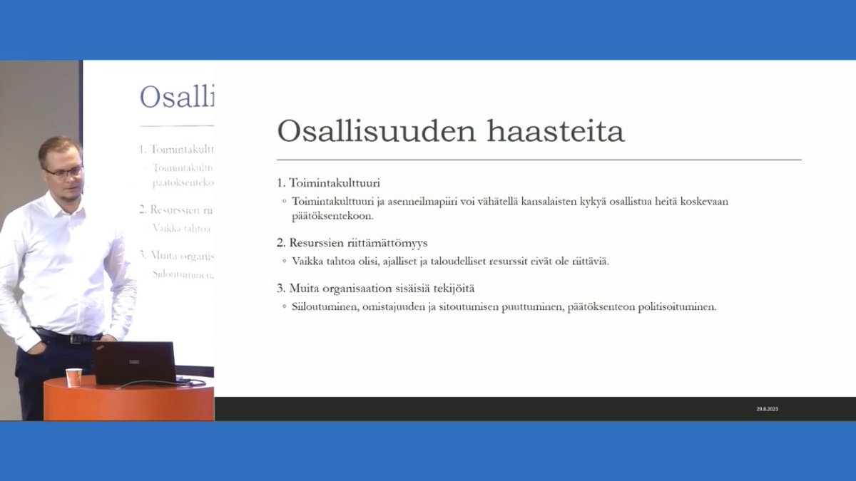 Tohtori Mikko Värttö puhui <a href="/helsinki/">Helsingin kaupunki</a> osallisuusseminaarissa mm. osallistumisprosessien kehittämisestä kunnissa sekä osallisuusmallien vaikutuksista ja osallistumisen ongelmista. Työtä meillä riittää 👍🏻Lahden kaavatyö mainittu 😀<a href="/LahtiKymp/">LahtiKymp</a> #osallisuus #lähidemokratia #lahti